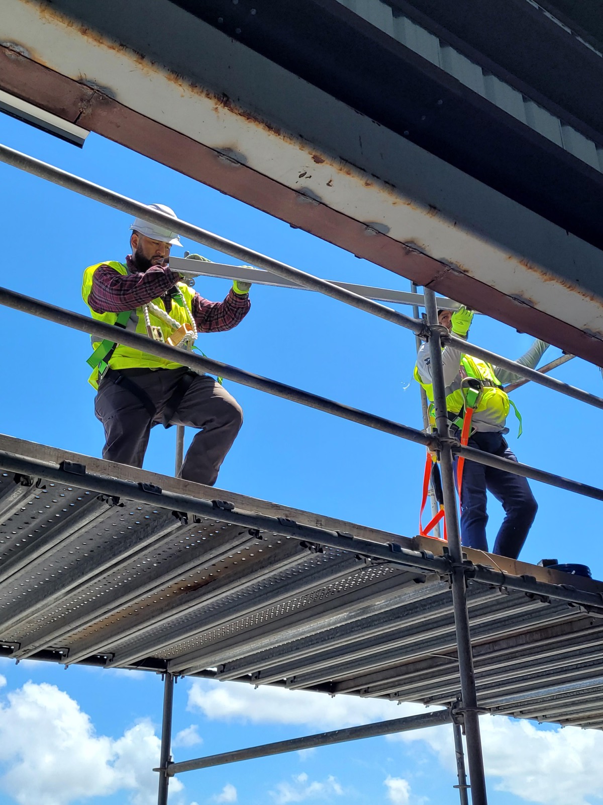 Crew installing materials